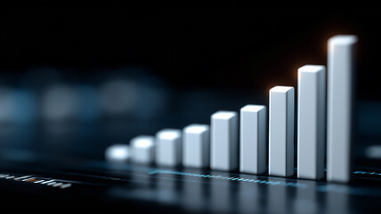 Abstract futuristic 3D bar chart design with electric blue tones, glass reflections, and floating holographic particles, showcasing progress, precision, and innovation in financial data visualization.