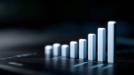 A cinematic digital data scene with luminous blue bar graphs rising dynamically amid holographic grids and glowing lines, expressing advancement in finance, AI, and business performance tracking.