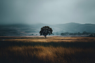 a lone tree in a field with a mountain in the background