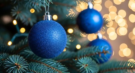 Sparkling Blue Christmas Ornaments with Bokeh Lights and Evergreen Branches