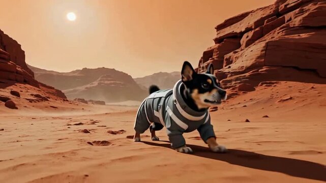An astronaut dog roaming around on mars