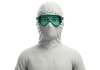 Person in full protective suit with green goggles isolated on transparent PNG, safety gear for medical and hazardous environments