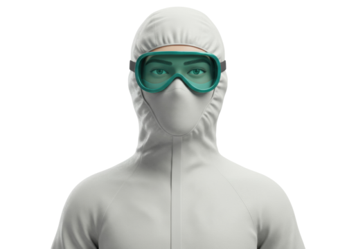 Person in full protective suit with green goggles isolated on transparent PNG, safety gear for medical and hazardous environments - Powered by Adobe