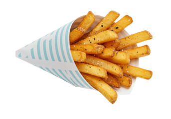 Golden French fries in striped paper cone isolated, crispy fried potatoes snack for fast food menu and takeaway