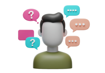 3D rendering of a person surrounded by question and speech bubbles isolated, concept of confusion and communication PNG