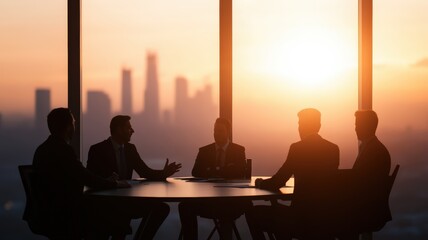 Business professionals collaborate in corporate meeting, silhouetted against vibrant city sunset sky, symbolizing strategic discussion and teamwork success. Business concept.