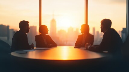 Business professionals meeting at sunset in modern office with city skyline view. Team discussing strategy and future plans, silhouetted by golden light, symbolizing success and collaboration.