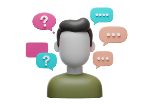 3D rendering of a person surrounded by question and speech bubbles isolated, concept of confusion and communication PNG