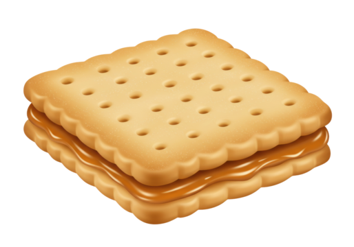 Delicious square peanut butter sandwich cracker isolated PNG, sweet snack food for dessert or treat on transparent background