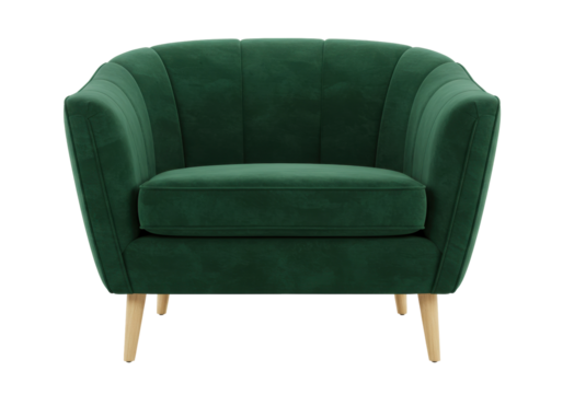 Elegant emerald green velvet armchair isolated, modern accent chair with wooden legs for living room or lounge area