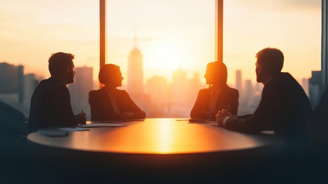 Business professionals meeting at sunset in modern office with city skyline view. Team discussing strategy and future plans, silhouetted by golden light, symbolizing success and collaboration.
