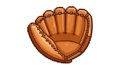 A stylized, pixelated illustration of a brown leather baseball glove, detailed with stitches and webbing