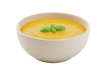 Creamy butternut squash soup in bowl isolated, garnished with fresh basil leaves, healthy vegetarian autumn meal