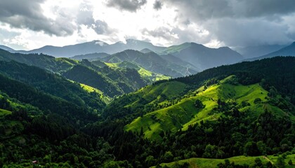Fototapeta premium Lush Green Rolling Hills Illuminated by Dramatic Sunlight Rays Breaking Through Stormy Clouds Over a Dense Forest Below