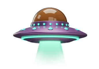 Purple cartoon UFO with green lights and beam isolated PNG, alien spaceship for science fiction and space exploration concepts