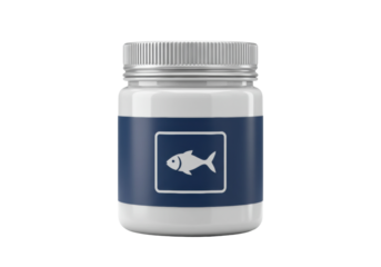 Fish oil supplement bottle isolated, omega-3 fatty acids container for health and wellness on a clean background