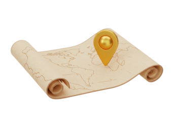 Old map scroll with golden location pin isolated, vintage parchment with world map for travel planning and adventure