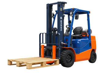 Blue and orange forklift with wooden pallet isolated on transparent background, industrial vehicle for lifting and transporting goods