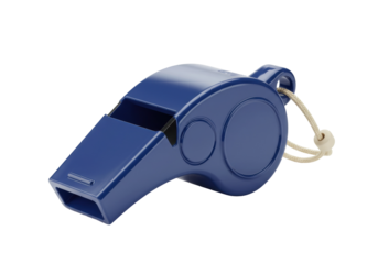 Blue plastic whistle isolated on transparent background, sports equipment for referees and coaches PNG