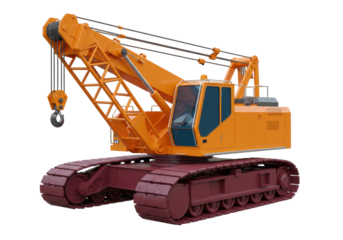 Orange crawler crane isolated on transparent background, heavy construction equipment for lifting and moving materials in building projects PNG