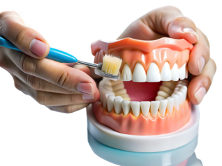 Close up of a hand demonstrating proper brushing technique on a dental model isolated on white background ,PNG. AI Generated