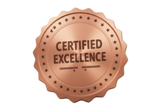 Bronze certified excellence medal isolated on transparent PNG, achievement award for business and quality recognition