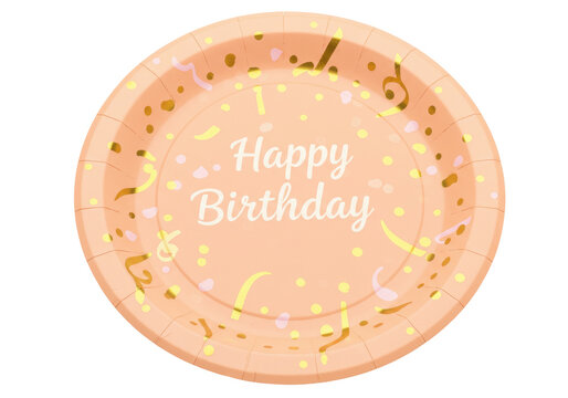 Peach birthday paper plate isolated on white, party tableware for celebrations and festive occasions