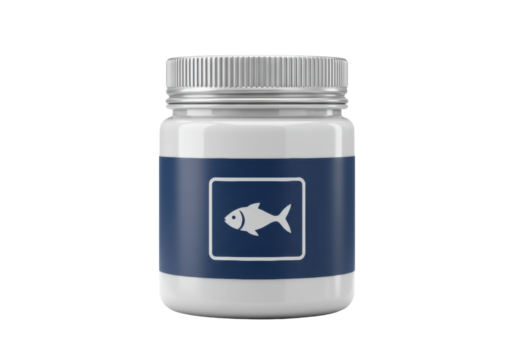 Fish oil supplement bottle isolated, omega-3 fatty acids container for health and wellness on a clean background