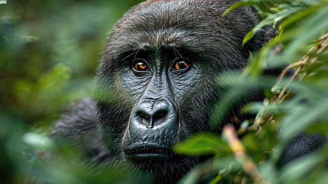 Silverback Gorilla: A powerful silverback gorilla gazes intensely from within lush, green foliage, its wise eyes conveying a depth of emotion and connection to nature.