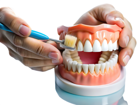 Close up of a hand demonstrating proper brushing technique on a dental model isolated on white background ,PNG. AI Generated
