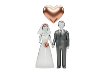 Wedding couple figurines isolated on transparent background, bride and groom glass statuettes with heart for wedding decoration