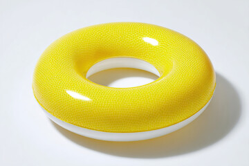 A bright yellow swim ring with a unique dimpled pattern sits on a solid white surface, casting a soft shadow. Summer fun and safety.