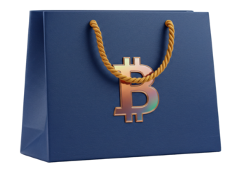 Blue shopping bag with golden Bitcoin symbol isolated, cryptocurrency concept for online shopping and digital currency transactions PNG