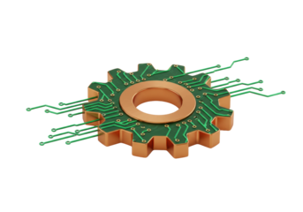 Golden gear with green circuit board isolated, technology concept for engineering, artificial intelligence, and machine learning PNG