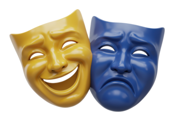 Comedy and tragedy masks isolated on transparent background, theatrical drama symbols in yellow and blue for acting and performance arts