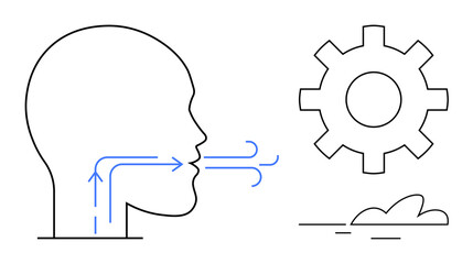 Human profile exhaling air illustrated with arrows alongside a gear symbolizing ideas or innovation. Ideal for science, health, technology, respiration, creativity, process, and innovation themes