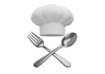 Chef s hat with crossed fork and spoon isolated on transparent PNG, culinary symbol for restaurant or cooking