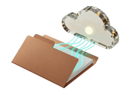 Cloud computing data transfer PNG isolated on transparent background, folder with documents for cloud storage and file sharing