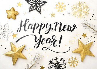 Happy new year calligraphy with gold stars and snowflakes isolated on white background