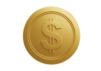 Golden dollar coin isolated on white, currency symbol PNG for finance and investment concepts