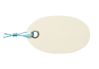 Blank oval tag with blue string isolated on transparent background, cream paper label for price or gift, PNG
