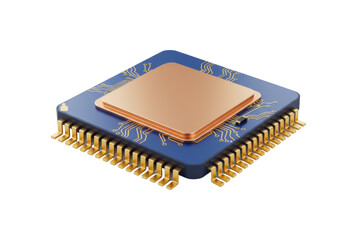 Blue and gold computer chip isolated on transparent background, modern electronic component for technology and engineering