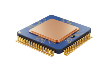 Blue and gold computer chip isolated on transparent background, modern electronic component for technology and engineering