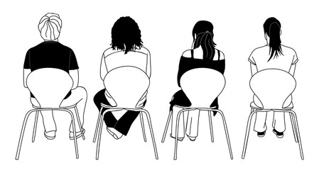 Set of different people sitting on modern wire-frame chairs, viewed from behind. Simple linear illustration with clean design and contemporary aesthetic. Outline drawing on transparent background