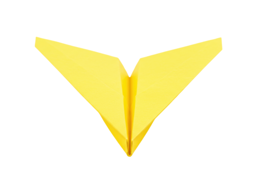 Yellow paper airplane PNG isolated on transparent background, origami toy for kids and creative design - Powered by Adobe