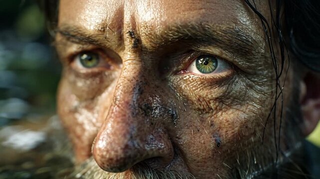 Resilient Spirit: A close-up portrait of a determined man with intense green eyes, his face weathered with dirt, hinting at a story of struggle and resilience.