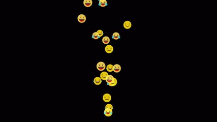 Happy and laughing emojis cascade down on dark background. Funny yellow faces animation with alpha channel, perfect for humor or social media visuals, 4K seamless loop. - Powered by Adobe