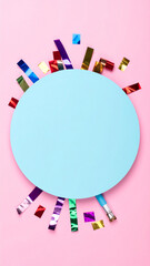Confetti and Blue Circle: A playful scene of vibrant confetti and a blue circle, creating an atmosphere of festivity and joy, ideal for announcements or celebratory messaging.
