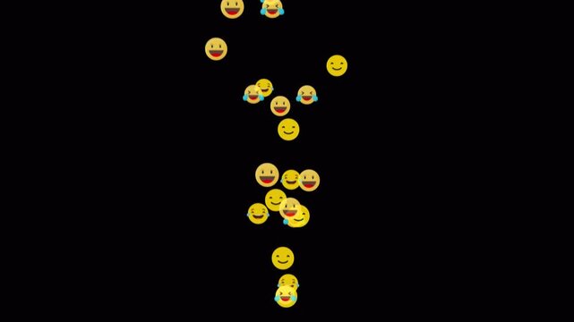 Happy and laughing emojis cascade down on dark background. Funny yellow faces animation with alpha channel, perfect for humor or social media visuals, 4K seamless loop. - Powered by Adobe