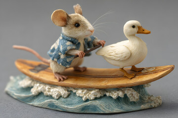 a toy mouse and a duck on a surfboard